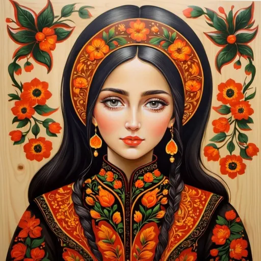 Prompt: wood painting, Khokhloma painting, young lady