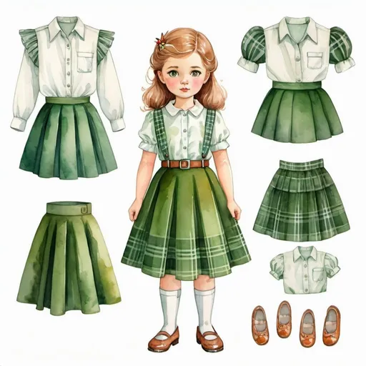 Prompt: young girl, children's green Soviet skirt, plaid material, blouse, a lot of details, high quality, standing straight, arms to the sides, paper doll, watercolor,