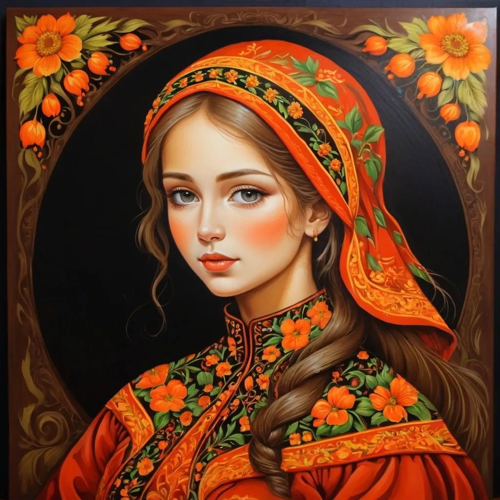 Prompt: wood painting, Khokhloma painting, young lady