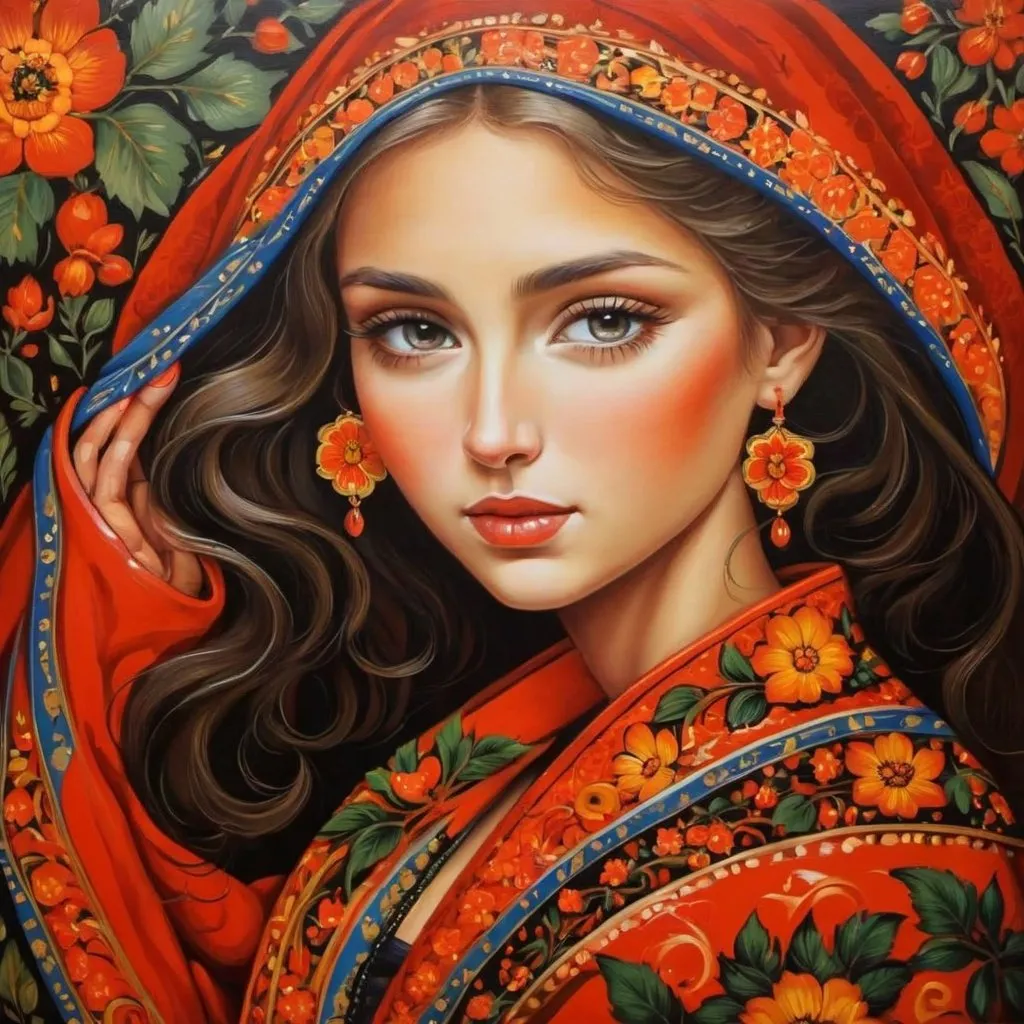 Prompt: wood painting, Khokhloma painting, young lady