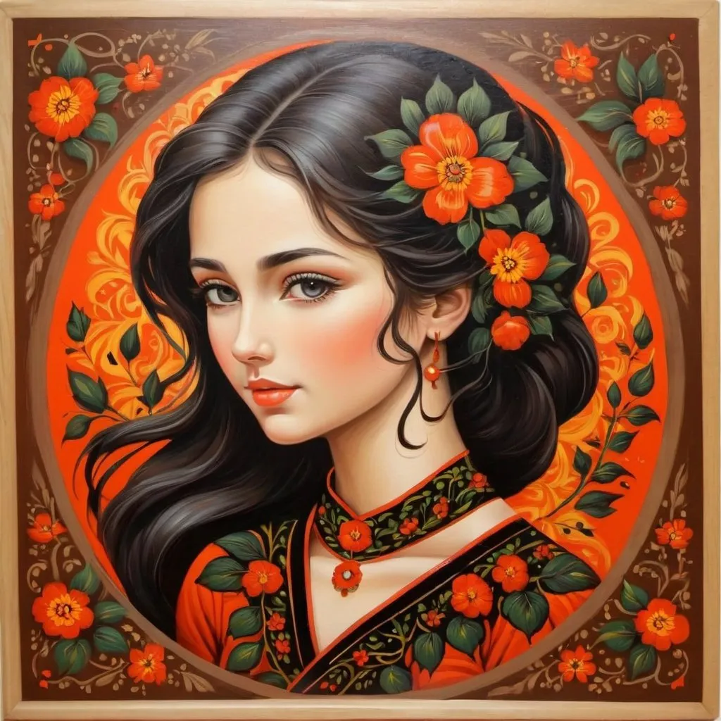 Prompt: wood painting, Khokhloma painting, young lady