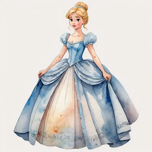 Prompt: young girl, cinderella dress, a lot of details, high quality, standing straight, arms to the sides, paper doll, watercolor,