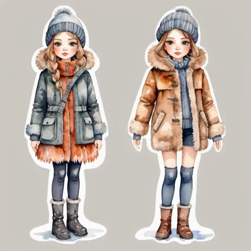 Prompt: young girl, winter outerwear, very warm fur coat, a lot of details, high quality, standing straight, arms to the sides, paper doll, watercolor,