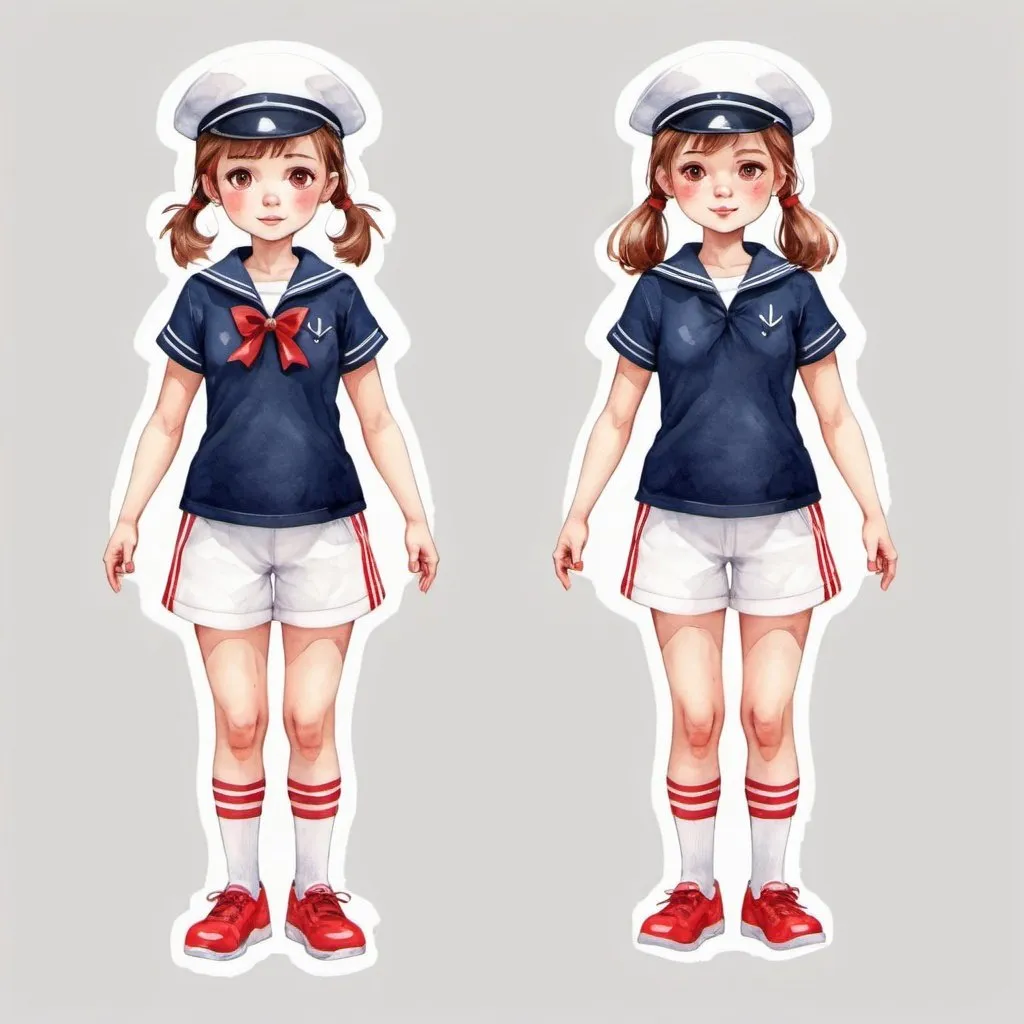 Prompt: young girl,light sports uniform, sailor suit, dark blue T-shirt with red stripes, white shorts, red sports shoes, a lot of details, high quality, standing straight, arms to the sides, paper doll, watercolor,