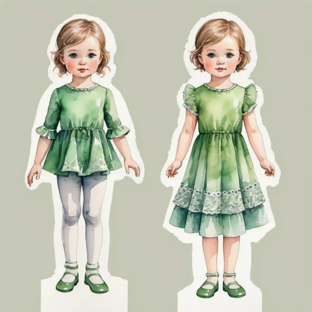 Prompt: young girl, baby green dress, a lot of details, high quality, standing straight, arms to the sides, paper doll, watercolor,