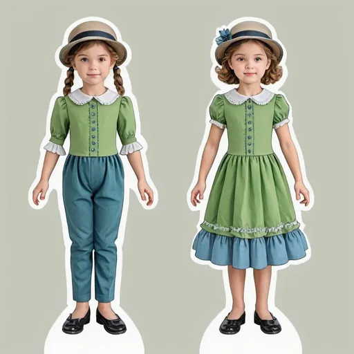 Prompt: young girl, children's green English classic dress, hat, a lot of details, high quality, standing straight, arms to the sides, paper doll, 
