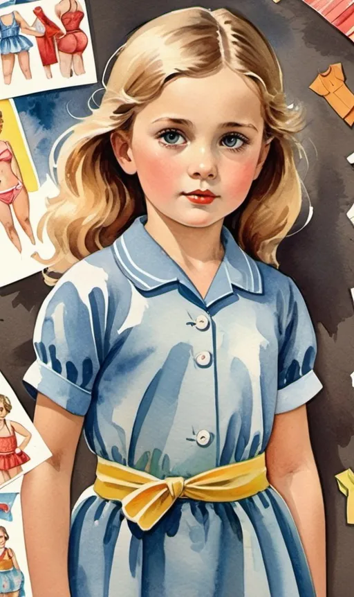 Prompt: Soviet style, poster, magnetic dress up for children, girl in underwear, swimsuit, standing straight, arms to the sides, paper doll, watercolor, human eyes