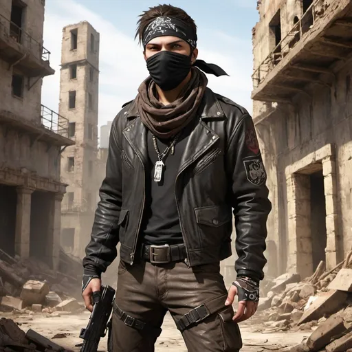 Prompt: "Urban Outlaw" Outfit: An urban-themed outfit for navigating the ruins of civilization, with a leather jacket, cargo pants, and combat boots. The character wears a bandana or mask to conceal their identity and carries various weapons and gadgets.