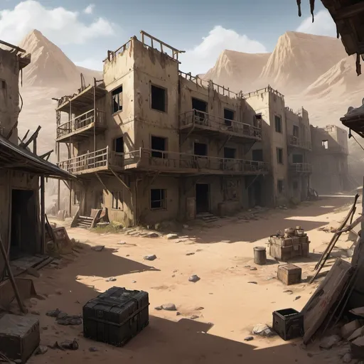 Prompt: Raided Outpost: A fortified compound once used by military or survivalist groups, now abandoned and overrun by scavengers. Players can explore the dilapidated buildings and makeshift barricades, searching for valuable supplies left behind by previous occupants.