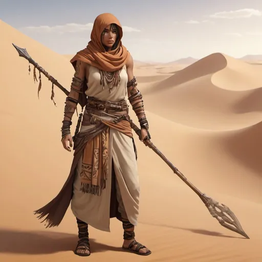 Prompt: "Desert Drifter" Outfit: A desert-themed outfit inspired by nomadic tribes, featuring flowing robes, a scarf to protect against sandstorms, and leather armor adorned with tribal markings. The character carries a staff or spear for defense.