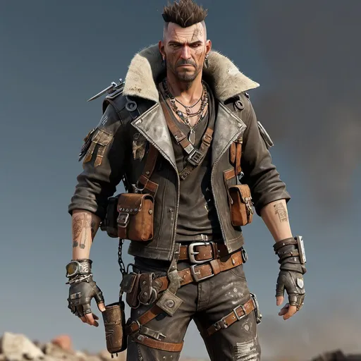 Prompt: "Scrapyard Scavenger" Outfit: This skin features a rugged ensemble made from salvaged materials found in the post-apocalyptic wasteland. The character wears a patched-up leather jacket adorned with metal studs and spikes for protection. Their pants are reinforced with scrap metal plating, and they sport heavy boots suitable for traversing hazardous terrain. The outfit is accessorized with belts, straps, and pouches for storing scavenged items, giving the wearer a rugged and resourceful appearance.
