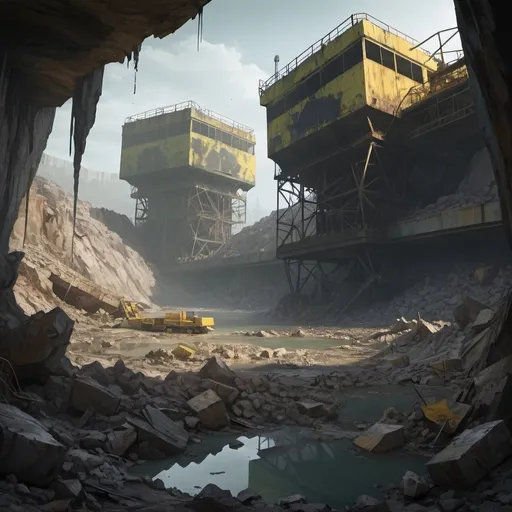 Prompt: Radioactive Quarry: A quarry that was used for mining operations before the apocalypse, now flooded with radioactive runoff and inhabited by mutated creatures. Players must tread carefully to avoid contamination while scavenging for rare resources and weapons hidden among the abandoned machinery.