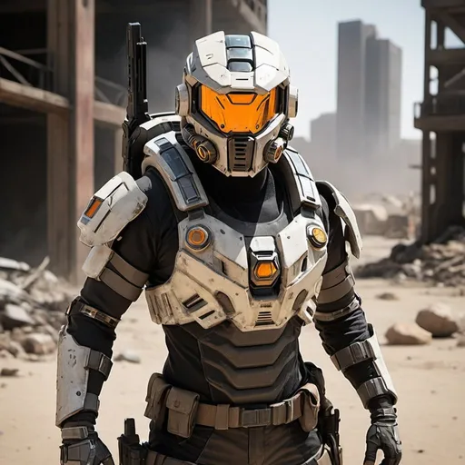 Prompt: "Apex Ranger" Outfit: This legendary outfit embodies the apex survivor of the post-apocalyptic wasteland. The character wears a suit of advanced, high-tech armor augmented with scavenged enhancements. The armor features glowing energy accents and integrated gadgets, providing both protection and versatility in combat.
The Apex Ranger's helmet is equipped with a heads-up display (HUD) and augmented reality (AR) capabilities, allowing them to analyze their surroundings and track enemies with precision. Their weapon of choice is a futuristic energy rifle, capable of delivering devastating firepower with pinpoint accuracy.

Despite their advanced technology, the Apex Ranger retains a rugged and weathered appearance, with battle scars and patches of worn-out fabric on their armor. Their presence on the battlefield commands respect and strikes fear into the hearts of adversaries, making them a formidable force to be reckoned with in the post-apocalyptic world.