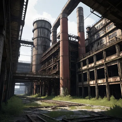 Prompt: Abandoned Power Plant: A massive industrial facility that once provided electricity to the surrounding area, now eerily silent and abandoned. Players can explore the crumbling buildings and rusting machinery, facing off against hostile factions who seek to control the valuable technology still present within.
