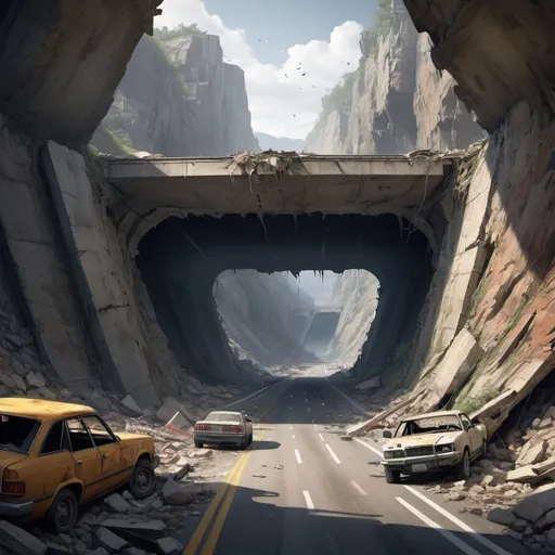 Prompt: Collapsed Highway: A section of a major highway that has collapsed into a deep chasm, creating a treacherous obstacle for players to navigate. The crumbling overpasses and twisted wreckage offer vantage points for snipers and ambush opportunities for those daring enough to cross.