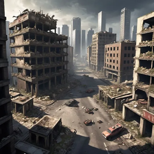Prompt: Desolate City Ruins: The central area of the map is dominated by the ruins of a once-thriving metropolis, now reduced to crumbling skyscrapers, dilapidated streets, and collapsed infrastructure. Players can navigate through the maze-like streets, scavenging for supplies amidst the wreckage and engaging in close-quarters combat among the debris.
