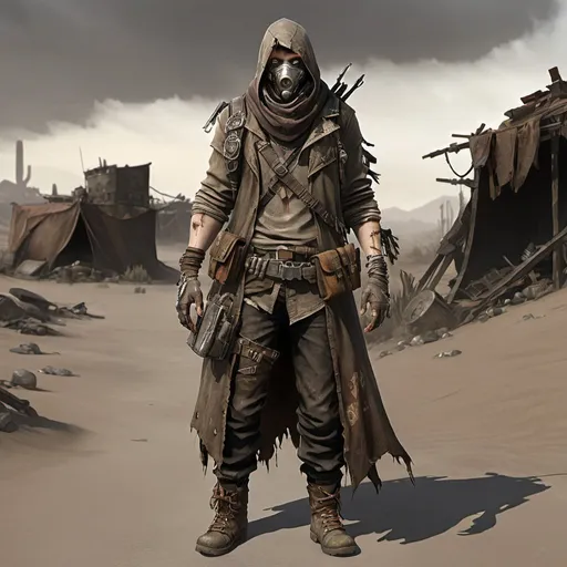 Prompt: "Wasteland Wanderer" Outfit: This skin features a rugged, scavenger-style outfit adorned with various makeshift accessories like pouches, belts, and bandoliers for storing supplies. The clothing is torn and weathered, with patches and stitching holding it together. The character wears a tattered cloak or hood to shield themselves from the harsh elements of the wasteland.