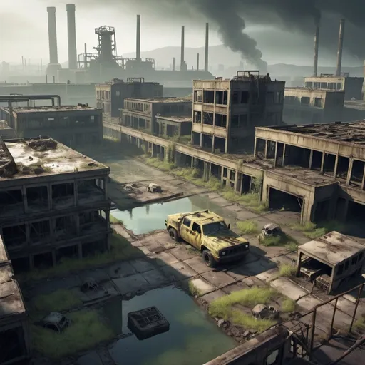 Prompt: Toxic Wasteland: Surrounding the city ruins is a vast expanse of toxic wasteland, where pools of irradiated sludge and contaminated water pose deadly hazards to unwary players. Mutated creatures lurk in the shadows, ready to ambush unsuspecting survivors, while abandoned industrial facilities and military outposts offer opportunities for loot and strategic vantage points.