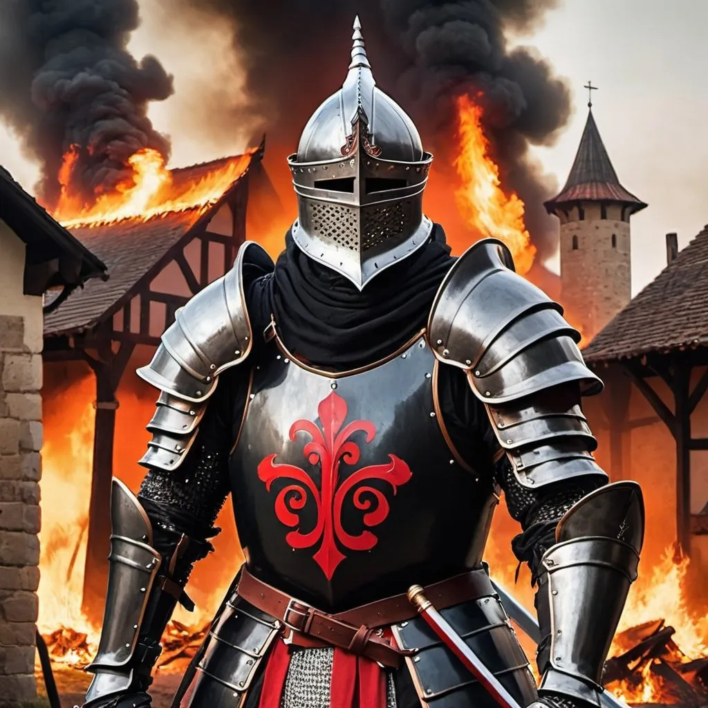 Prompt: A large Knight in Black Plate Armor with red accents holding a long sword. Their Helmet cover their whole face. There’s a burning medieval village behind them.