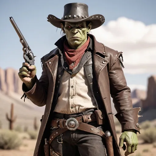 Prompt: A Male Orc in Wild West Gunslinger Clothing, A cowboy hat, and holding a revolver.