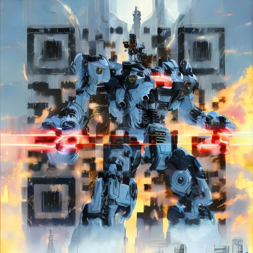 Prompt: masterpiece, best quality, mecha, no humans, black armor, blue eyes, science fiction, fire, laser canon beam, war, conflict, destroyed city background