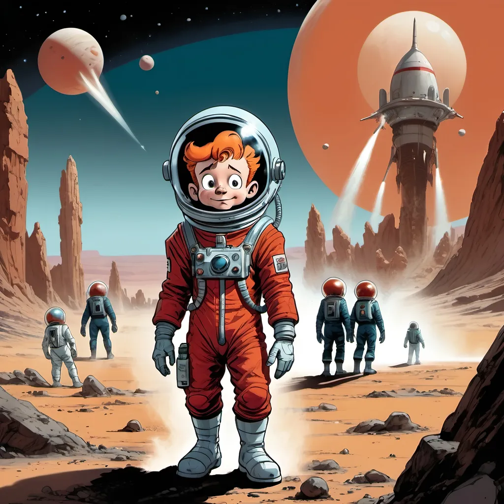 Prompt: Sci-fi art in Spirou's signature style, character surprised as his comrades leave him behind, adorned in spacesuit attire, sporting a defeated posture, with background elements of a desolate alien planet of crystalized geology, combined with a high-quality vintage animation appearance by a rocket ship, dramatic lighting, ultra fine, digital painting., Mysterious