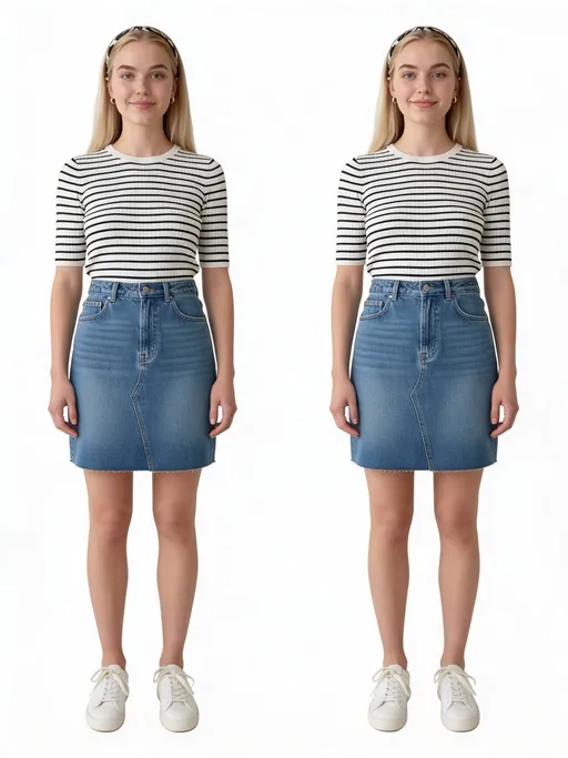 Prompt: The images Image1, Image2, Image3, Image4 represent the character. the character's clothing is Image5. 生成角色全身视图。保持自然站立姿势，双臂自然下垂，双脚与肩同宽。使用纯白色背景。确保从头到脚完整呈现，符合人体比例。