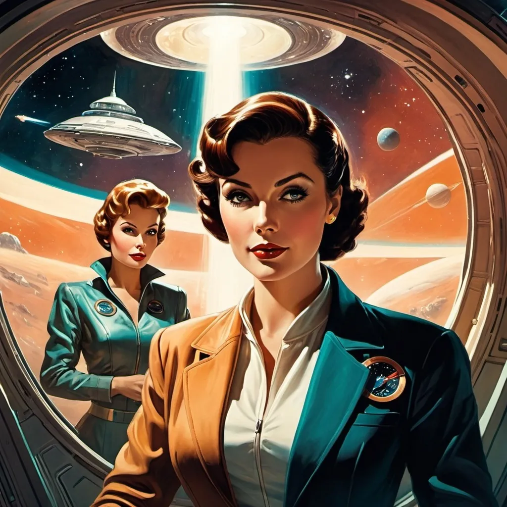 Prompt: man and woman on a spaceship, science-fiction, pulp style