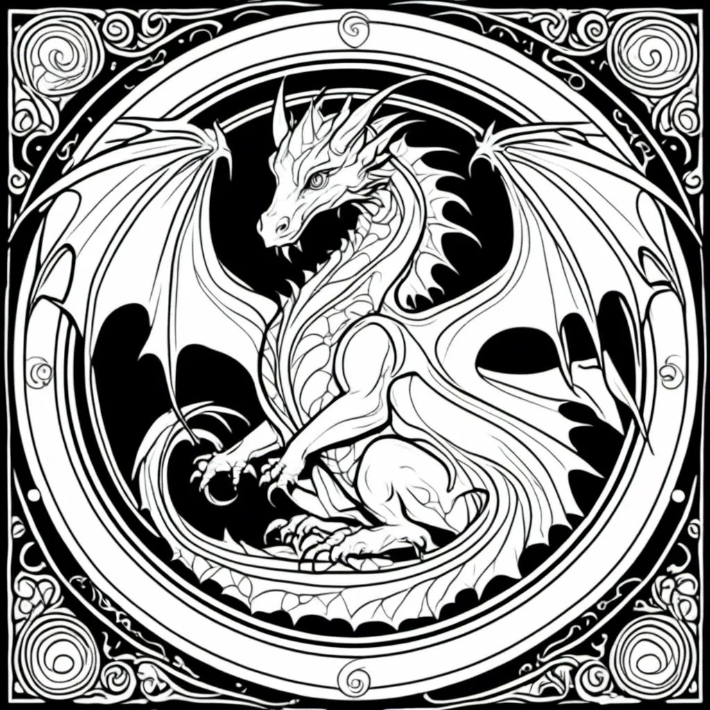 Prompt: <mymodel>a baby dragon, a stunning Alphonse Mucha's vector graphics  masterpiece in simple black and white coloring book art, neat and clean composition of perfect geometrical shapes with sharp precisely stabilized lineart, with text at bottom of page, Square and Circle, neat and clear tangents full of negative space