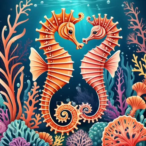 Prompt: (2D seahorse illustration), whimsical and charming design, vibrant colors, intricate details, flowing fins, delicate curls, underwater background, seaweed and coral accents, playful atmosphere, intended for children’s book, HD quality, artful and engaging style. for logo