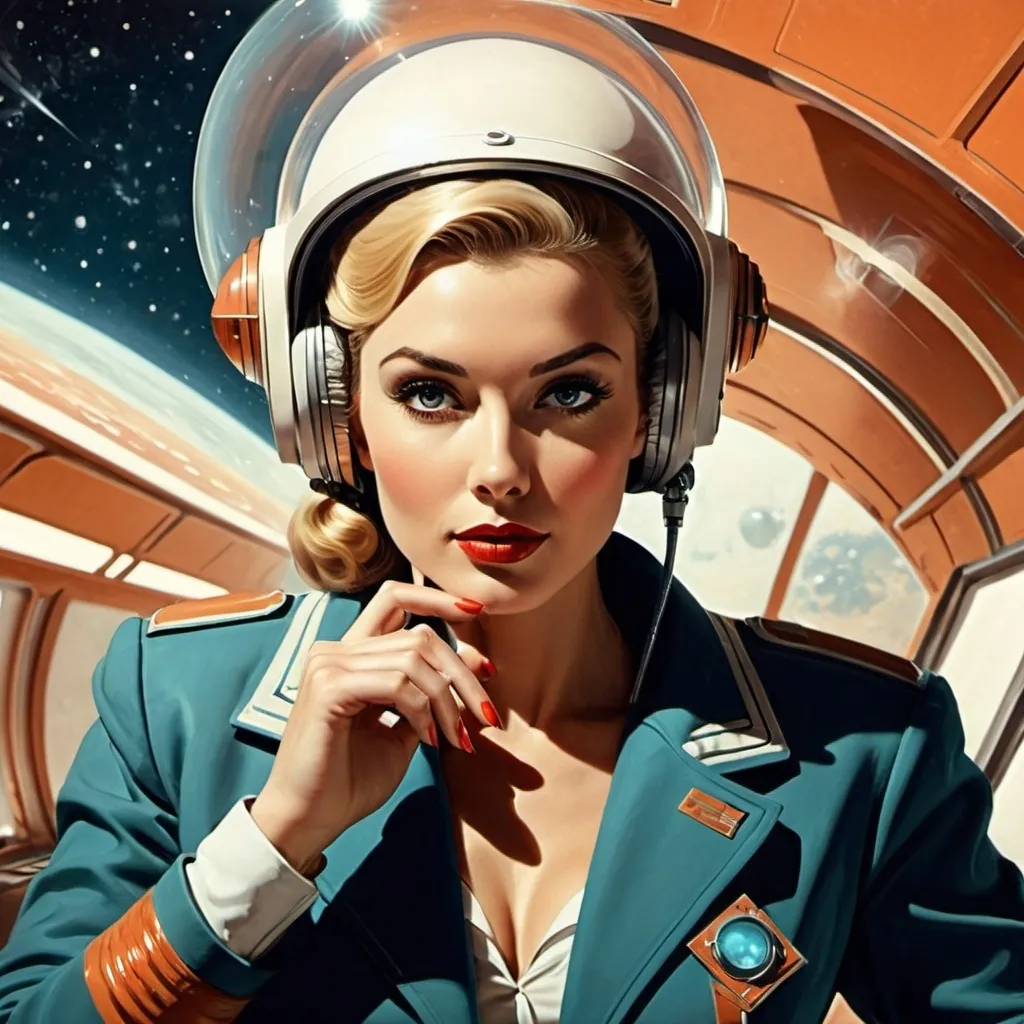 Prompt: man and woman on a spaceship, science-fiction, pulp style