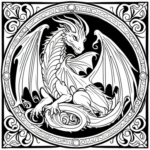 Prompt: <mymodel>a baby dragon, a stunning Alphonse Mucha's vector graphics  masterpiece in simple black and white coloring book art, neat and clean composition of perfect geometrical shapes with sharp precisely stabilized lineart, with text at bottom of page, Square and Circle, neat and clear tangents full of negative space