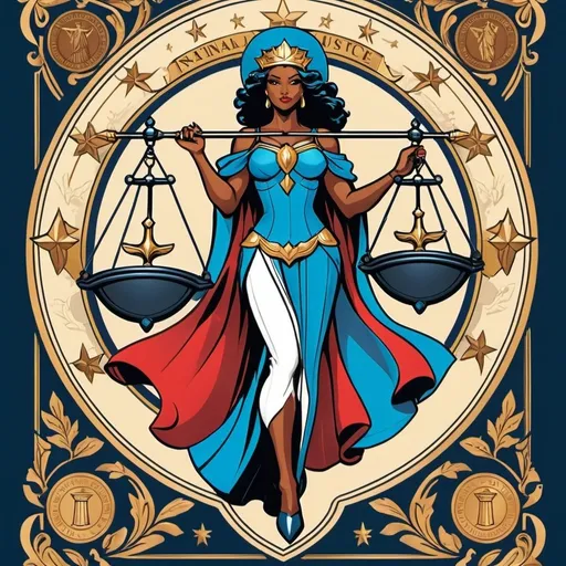 Prompt: Character design sheet woman Astraea, Themis, Eunomia, Prudentia, Praxidice, Lady Justice, scales of justice, sword and shield, logo for National Justice Network, vintage magazine cover, patriotic color palette, detailed linework, high quality, professional, editorial style, African american