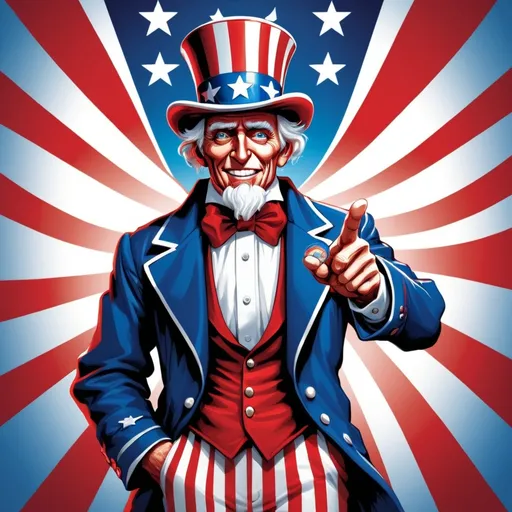 Prompt: (accurately spelled text  "wants you"), iconic Uncle Sam figure, character illustration, rich details in clothing, vibrant red, white, and blue color palette, dramatic lighting, commanding expression, engaging pose, stylized background with patriotic elements like stars and stripes, eye-catching poster-style composition, high definition, ultra-detailed rendering, evoking feelings of motivation and urgency. It will be used for a challenge coin. Thanks