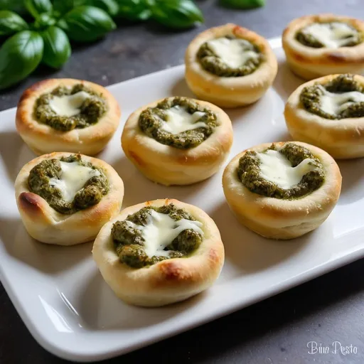 Prompt: Pesto and 4 cheese pizza bites served on a platter as an appetizer, the pizza bites are oblong semi enclosed bites, the oven baked crust enclosed simmering cheese goodness. 