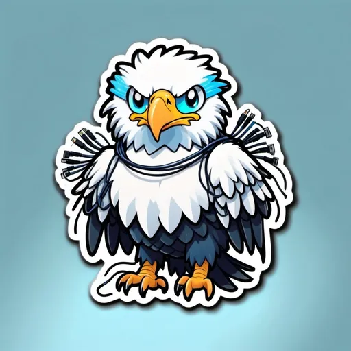 Prompt: Cute anime Kawai centipede hybrid bald eagle holding wires, using a computer, unisex, fantasy adventure, high-quality, 4k, ultra-detailed, digital art, cool tones, professional lighting, detailed cute eyes, intricate details, sleek design, blue hues, computer wires, urban fantasy