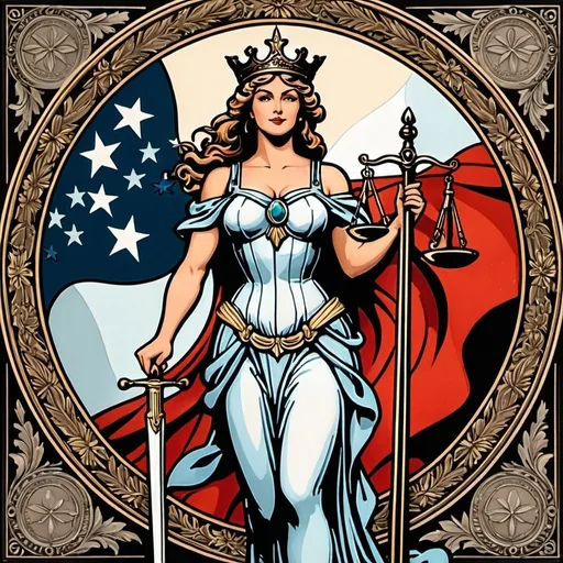 Prompt: Astraea, Themis, Eunomia, Prudentia, Praxidice, Lady Justice, scales of justice, sword and shield, logo for National Justice Network, vintage magazine cover, patriotic color palette, detailed linework, high quality, professional, editorial style, African American, hand-colored vintage English engraving circa 20th century,colorful,romanticism,full body