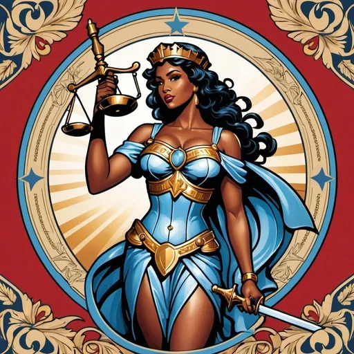 Prompt: Astraea, Themis, Eunomia, Prudentia, Praxidice, Lady Justice, scales of justice, sword and shield, logo for National Justice Network, vintage magazine cover, patriotic color palette, detailed linework, high quality, professional, editorial style, African American,pulp style