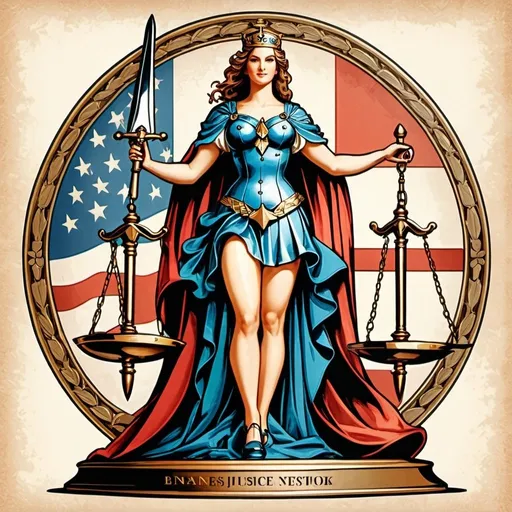 Prompt: scales of justice, sword and shield, logo for National Justice Network, vintage magazine cover, patriotic color palette, detailed linework, high quality, professional, editorial style, hand-colored vintage English engraving circa 20th century,colorful,romanticism,full body