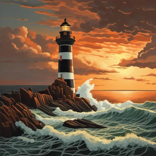 Prompt: <mymodel>Glowing lighthouse on a stormy coastline, warm sunset hues, dramatic clouds, detailed waves crashing against rocks, high quality, digital painting, epic, warm tones, atmospheric lighting, beacon of hope, stormy seas, detailed rocks, scenic landscape