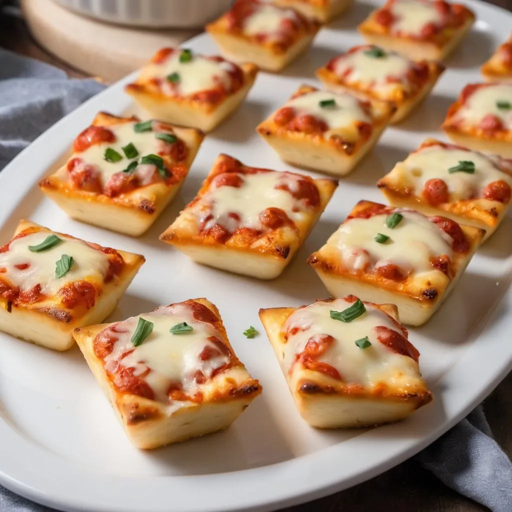 Prompt: 4 cheese pizza bites served on a platter as an appetizer, the pizza bites are oblong semi enclosed bites, the oven baked crust enclosed simmering cheese goodness. 