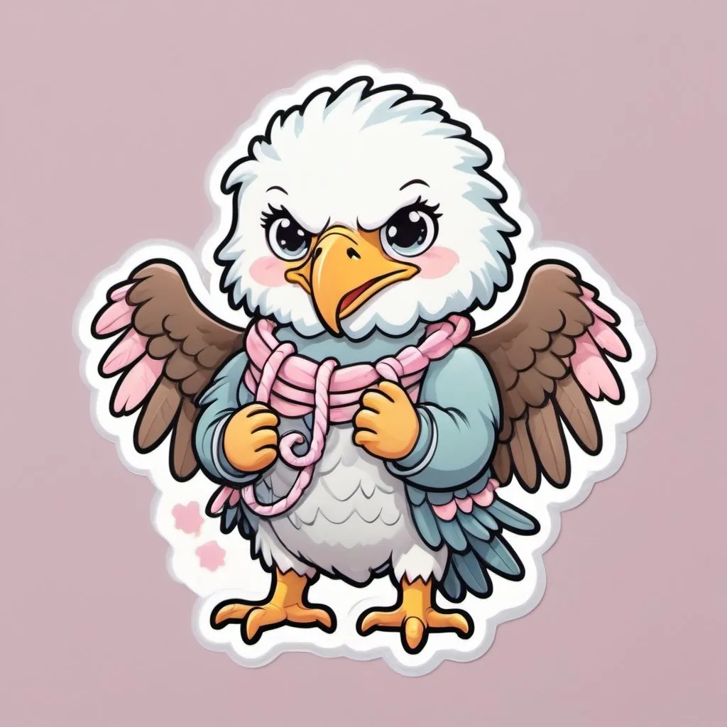 Prompt: Kawaii baby bald eagle holding a centipede in its talons, cute pastel colors, whimsical fantasy setting, delicate and charming details, high quality, kawaii, whimsical, pastel colors, delicate, cute, fantasy, detailed, charming, tight rope, adorable, highres, ultra-detailed, fantasy setting, lovely lighting
