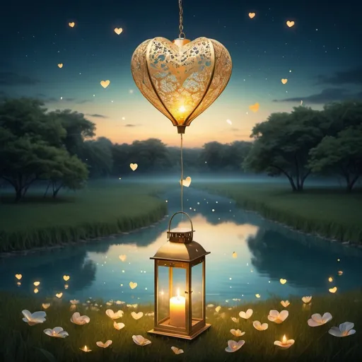 Prompt: Words of love floating in a summer night field, golden heart-shaped lantern in the sky, candlelit glow, wondrous lagoon with waterfalls, atmospheric lighting, romantic, heartfelt message, highres, dreamy, surreal, glowing lantern, peaceful, serene, magical atmosphere, romantic setting, detailed landscape, love confession