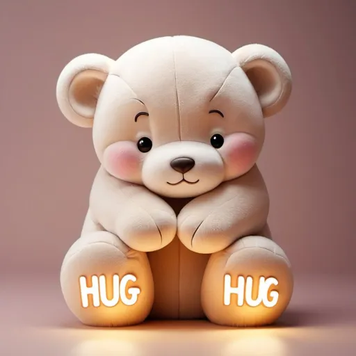 Prompt: the word 'HUG' hugging itself,   soft and warm lighting, high quality, detailed typography, kawaii, adorable, soft lighting