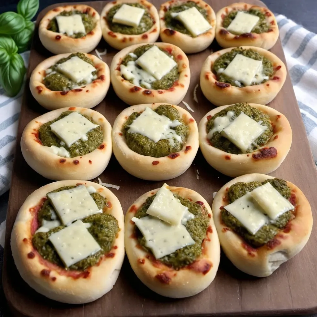 Prompt: Pesto and 4 cheese pizza bites served on a platter as an appetizer, the pizza bites are oblong semi enclosed bites, the oven baked crust enclosed simmering cheese goodness. 