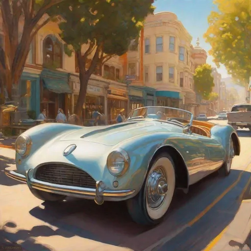 Prompt: 2030s, San Francisco, waymo sports car, sunny weather, warm atmosphere, cartoony style, extremely detailed painting by Greg Rutkowski and by Henry Justice Ford and by Steve Henderson