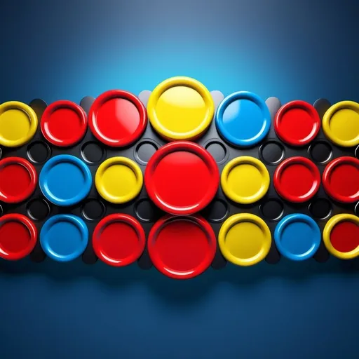 Prompt:  1584 x 396 pixels, 3D rendering of a vibrant Connect 4-inspired banner, bold colors and geometric shapes, high quality, ultra-detailed, modern, minimalistic design, primary colors, glossy finish, vibrant red or black solid discs, blue background, yellow frame with holes, geometric pattern, clean lines, polished, professional lighting