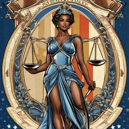 Prompt: 50's editorial color illustration, Astraea, Themis, Eunomia, Prudentia, Praxidice, Lady Justice, scales of justice, sword and shield, logo for National Justice Network, vintage magazine cover, patriotic color palette, detailed linework, high quality, professional, editorial style, African american