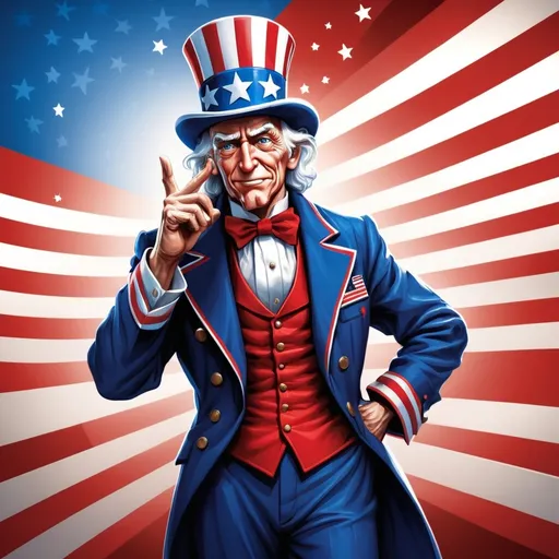 Prompt: (accurately spelled text  "wants you"), iconic Uncle Sam figure, character illustration, rich details in clothing, vibrant red, white, and blue color palette, dramatic lighting, commanding expression, engaging pose, stylized background with patriotic elements like stars and stripes, eye-catching poster-style composition, high definition, ultra-detailed rendering, evoking feelings of motivation and urgency. It will be used for a challenge coin. Thanks