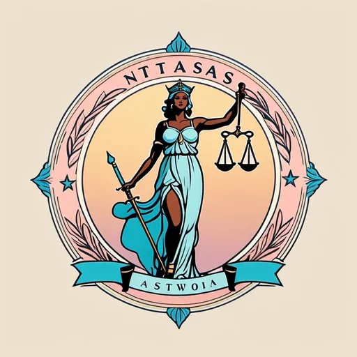 Prompt: a minimalist logo design, pastel colors and a retro aesthetic, Astraea, Themis, Eunomia, Prudentia, Praxidice, Lady Justice, scales of justice, sword and shield, logo for National Justice Network, vintage magazine cover, patriotic color palette, detailed linework, high quality, professional, editorial style, African american